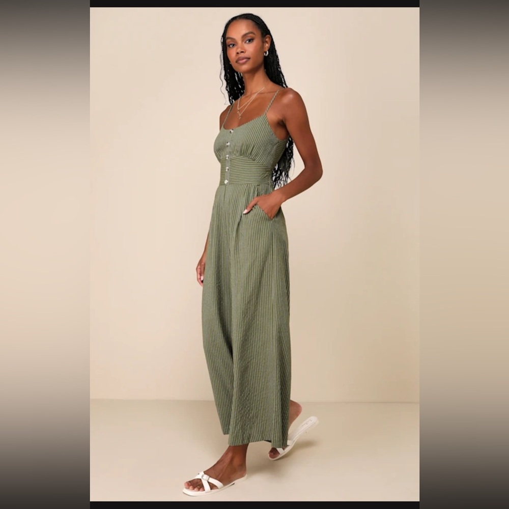 NWT Lulu’s Coastal Air Olive Green Tie-Back Culotte Jumpsuit - now OOS